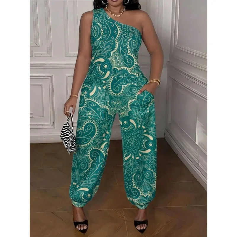 

European and American New ProductsVCollared Strap Jumpsuit Snake Pattern Paisley Style Digital Print