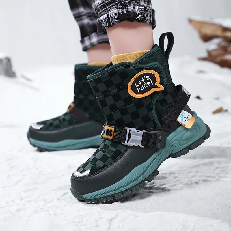 Boy's Girl's Winter Warm Plush Lining Non-Slip Snow Shoes Ankle Flat Waterproof Outdoor Durable  Fur Snow Boots for Kids