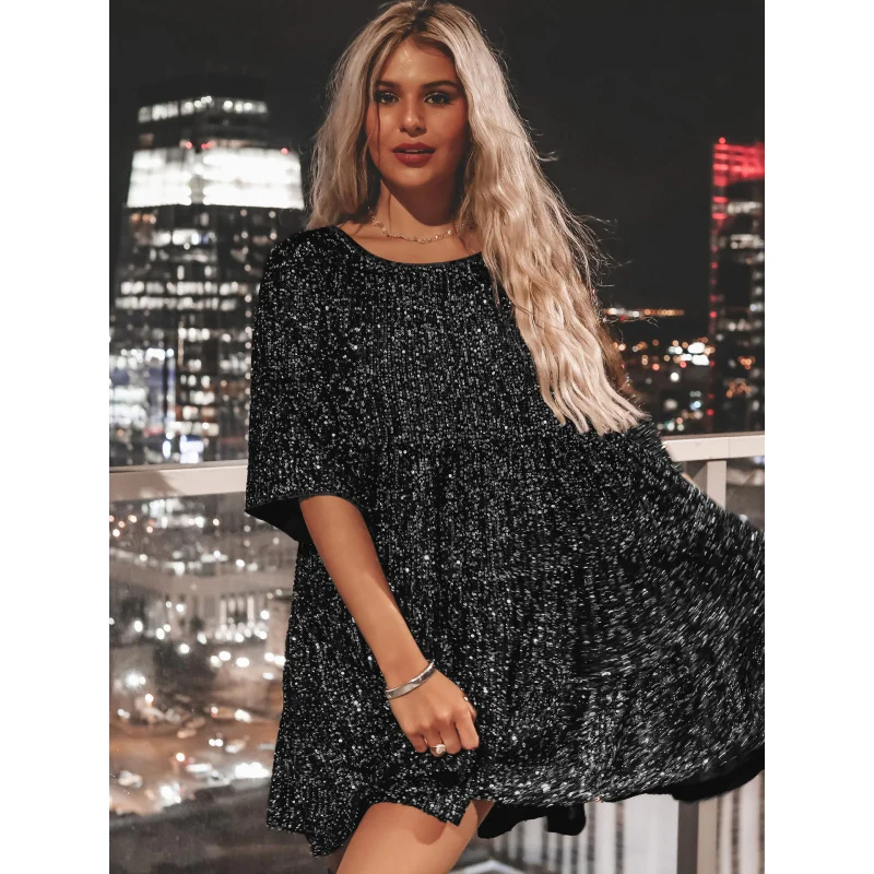 Skirt Skirt Dress European and American Fashion Brand Women's Short Skirt Hot Girl Outfit Sequin Beaded Pleated Skirt Dress