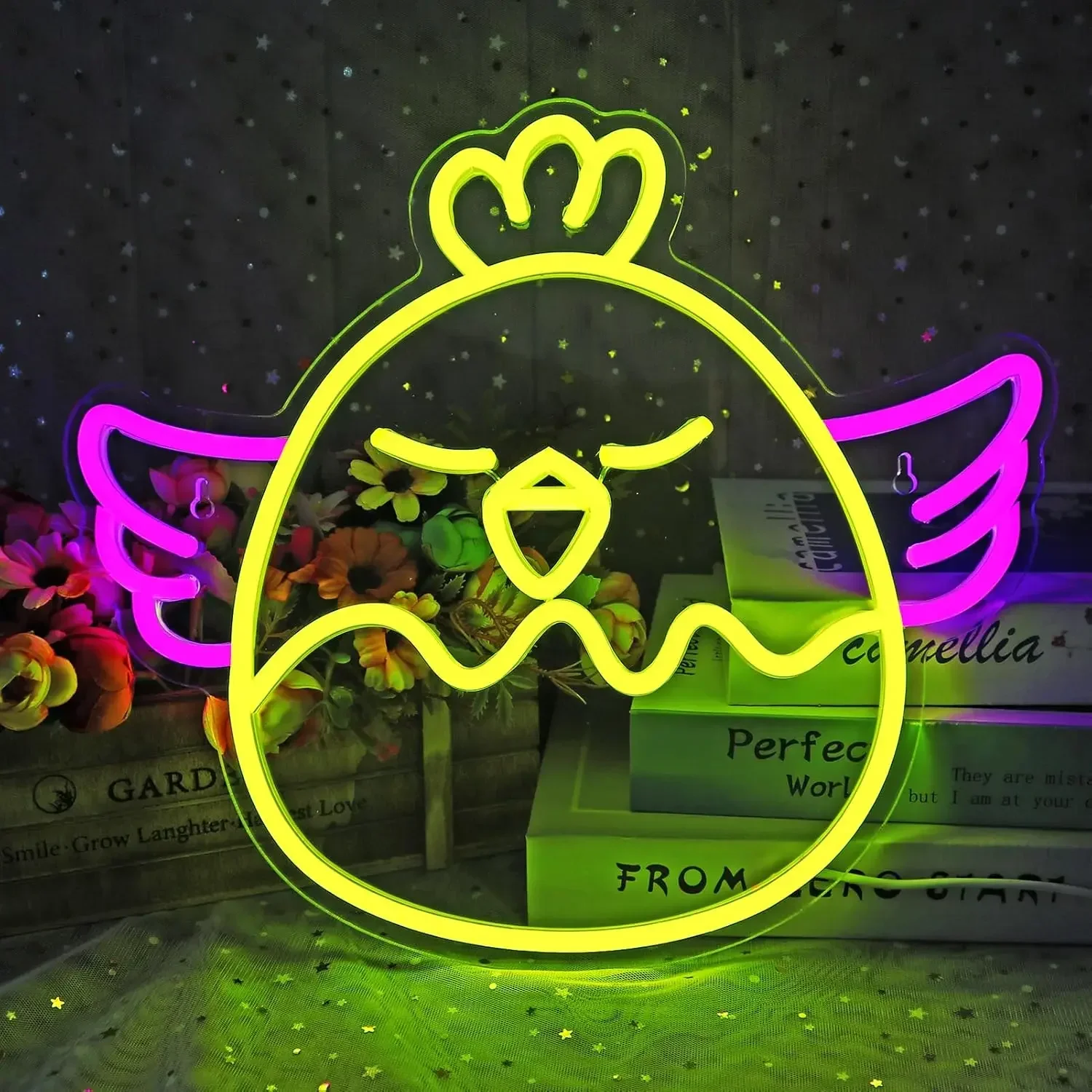 Cute Chick Neon Sign Yellow Pink LED Wall Art Crown Wings Glow USB Powered Dimmable Acrylic Lamp Kids Room Decor