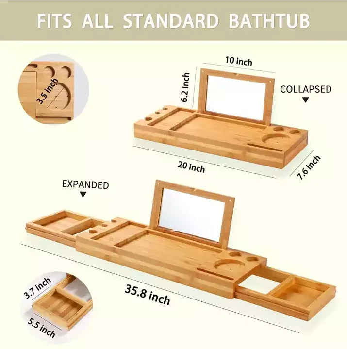 Bamboo Extension for Bathtub, Shower Tablet, Book Reading Rack, Bathroom Wood Over Bath Tub, Tray Table for Shower Tub