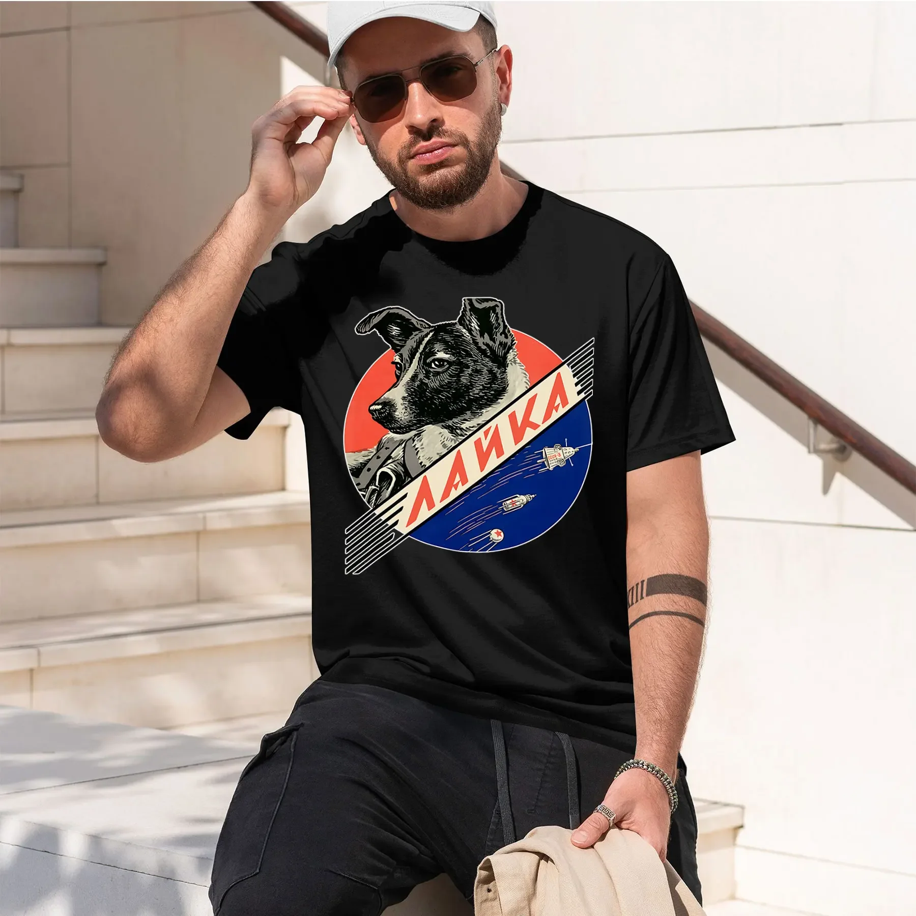 Laika, First Space Dog 2026 new fashion heavyweight hot selling retro printed pattern fun round neck T-shirt for daily comfort