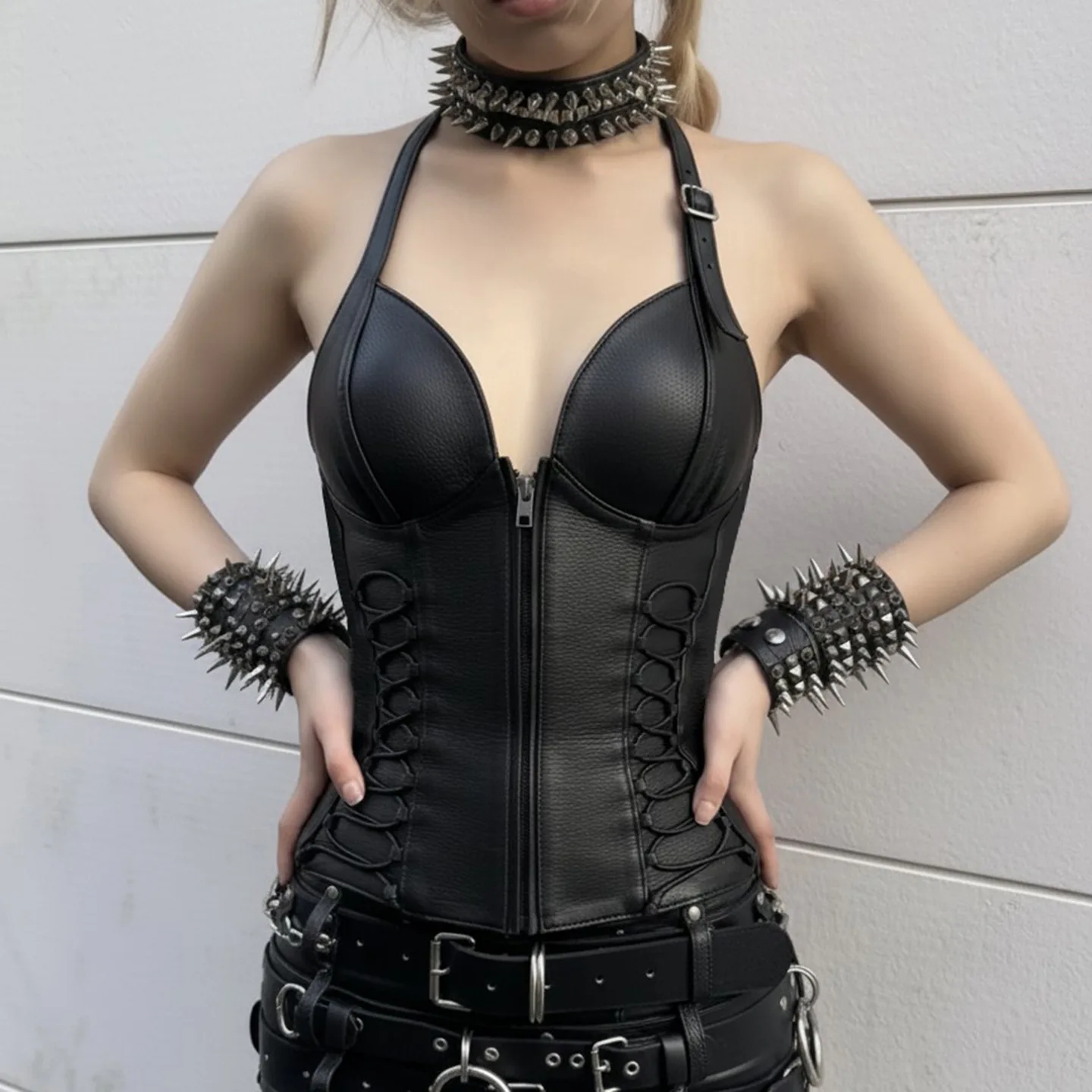 Haut court sexy en cuir pu pour femmes, col licou, écharpe, sans bretelles, fermeture éclair, taille, y2k