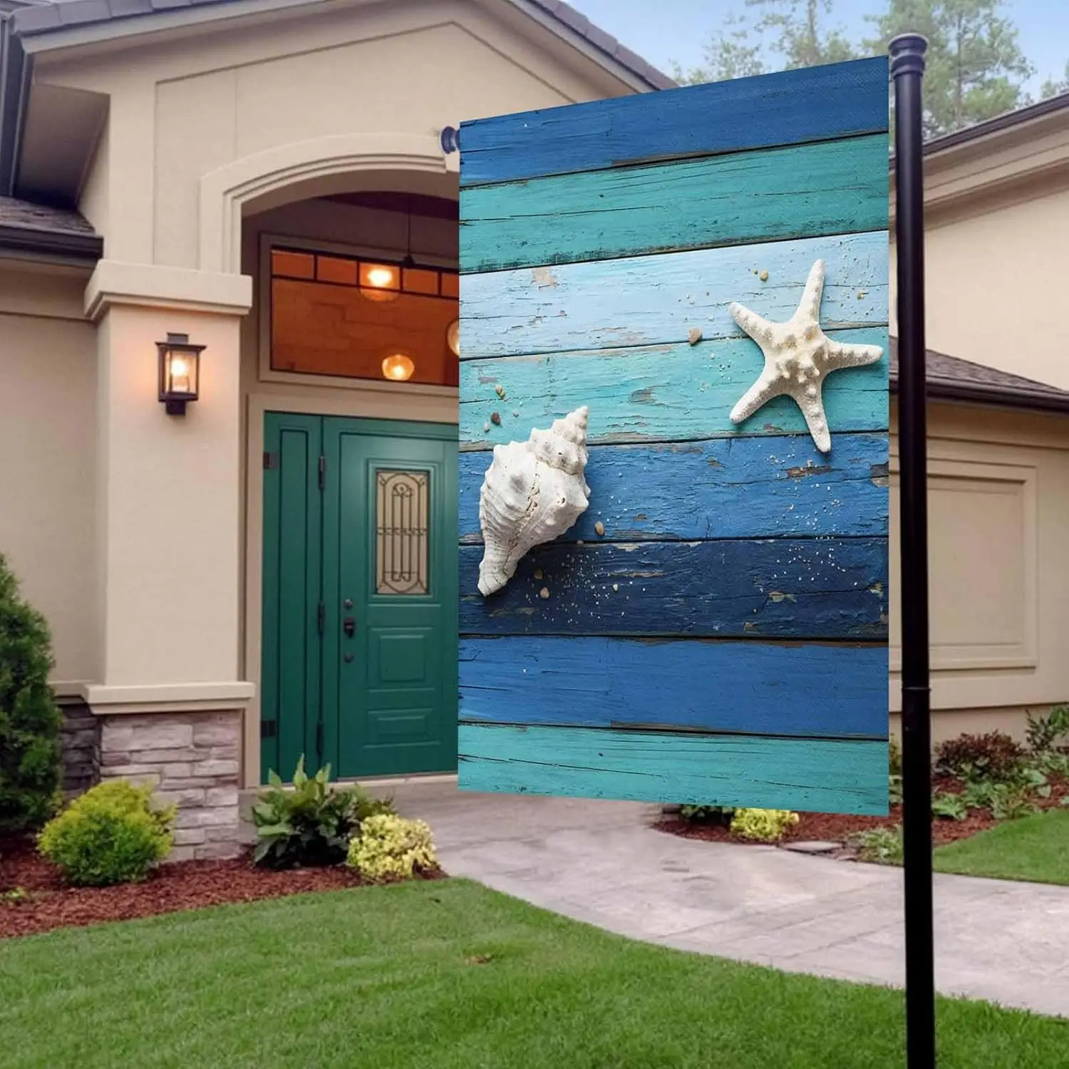 Summer Ocean Theme Garden Flag 28x40 Inch White Starfish Conch Teal Blue Wood Grain Double Sided Yard Flags for Outdoor Deco ZZM