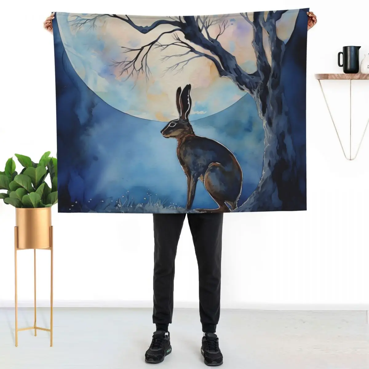 Moon Gazing Hare Throw Blanket Flannel Fabric Hairys warm winter Thermal Beach decorative Blankets