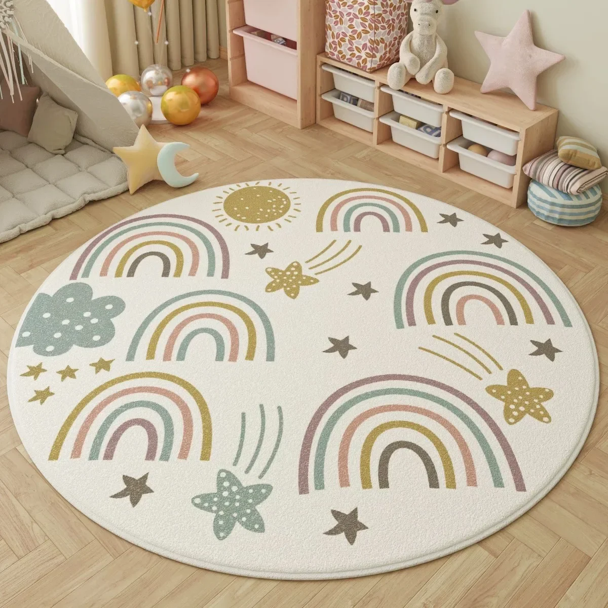 Rainbow Star Children's Room Circular Carpet - Happy Land Sun Cloud Anti Slip Carpet Mat Suitable for Home Decoration
