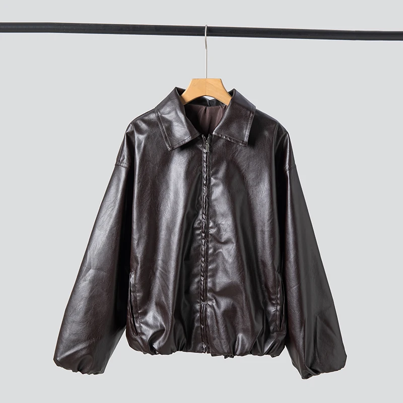 

PU Leather Bomber Jacket Coat Women Retro Loose Turndown Collar Long Sleeve Pocket Jacket Autumn 2025 New Casual Black Outerwear