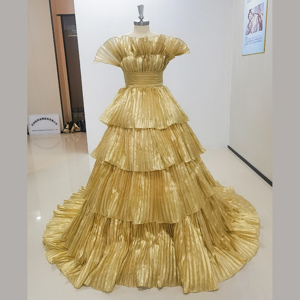 Luxury Shining Gold Strapless A-Line Pleated Evening Dress New Fashion Female Floor Length Party Prom Ball Gowns