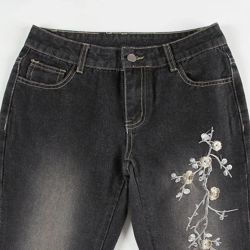Damen Vintage Floral Stickerei Jeans Streetwear 2000er Low Rise Flared Denim Hose Retro Y2k Baggy High Street Basic Hose