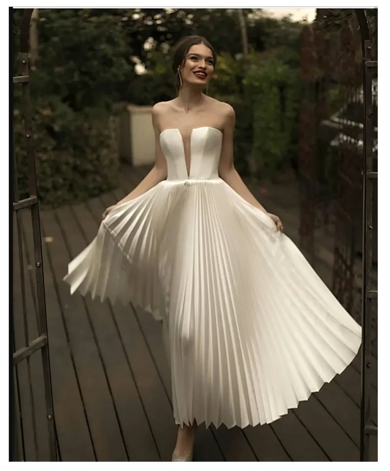 Vintage Sweetheart Satin A Line Wedding Dresses Pleats Ankle Length Bohemian Simple Bridal Gowns Sleeveless robe de mariee