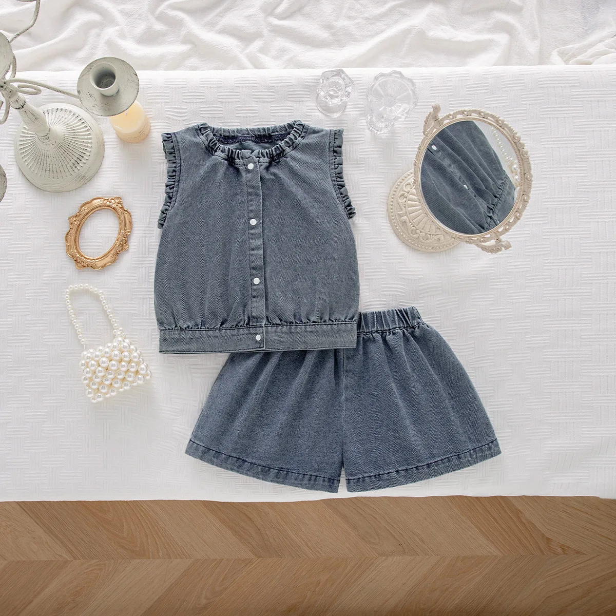

2026 Summer New Children Sleeveless Clothes Set Girls Simple Denim Tops + Shorts 2pcs Suit Kids Fashion Casual Outfits