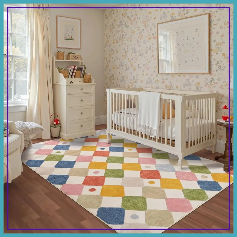 

5x7 Area Rug for Kids Room Modern Checkered Diamond Play Mat Washable Non Slip Carpet for Playroom Classroom Bedroom Dorm Daycare Living Room Cream