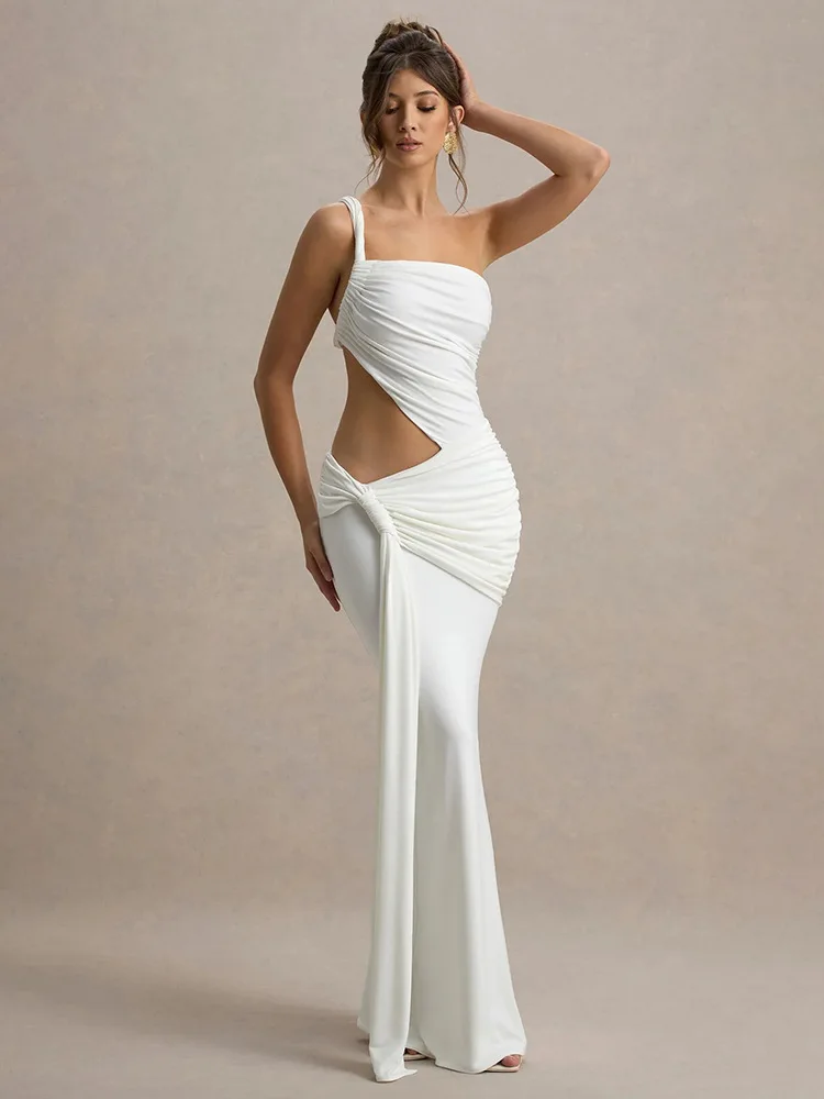 

Elegant One Shoulder Asymmetrical Vacation Beach Dress Women's 2025 Summer Sleeveless Hollow Out Ruched Evening Party Dresses