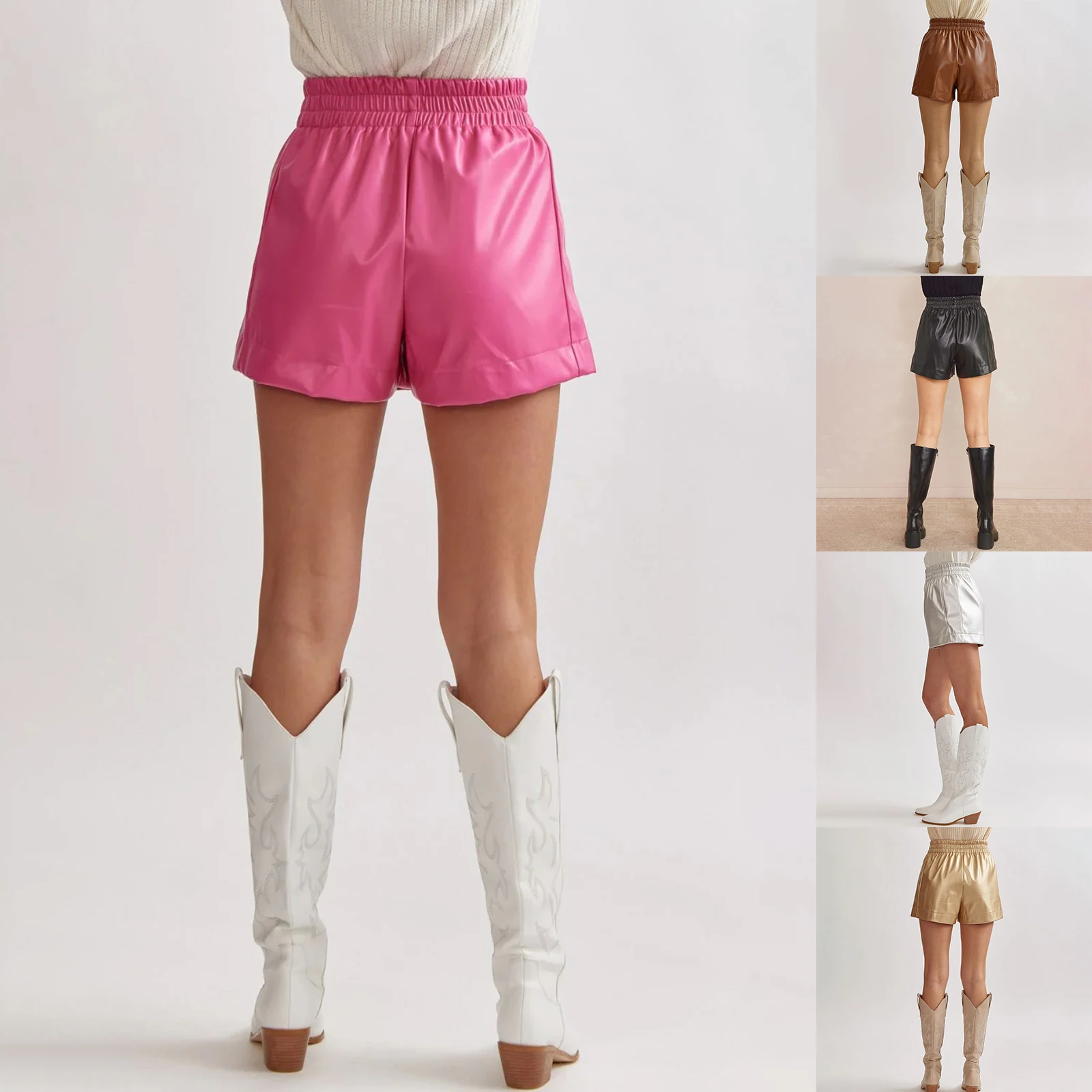Pantaloncini classici da donna in ecopelle Pantaloncini larghi elastici a vita alta tinta unita Pantaloncini casual a gamba larga