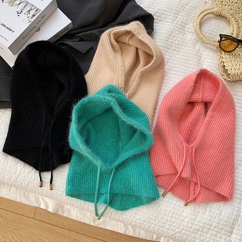 

New Rabbit Hair Balaclava Women Winter Knitted Scarf Hat Warm Collar Hat Thick Scarf Integrated Beanie Ear Protection Head Cap