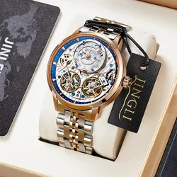 JINLERY Special Double Flywheel Tourbillon Watch for Men Automatic Wristwatch Fashion Mechanical Luxury Clock Relogio Masculino