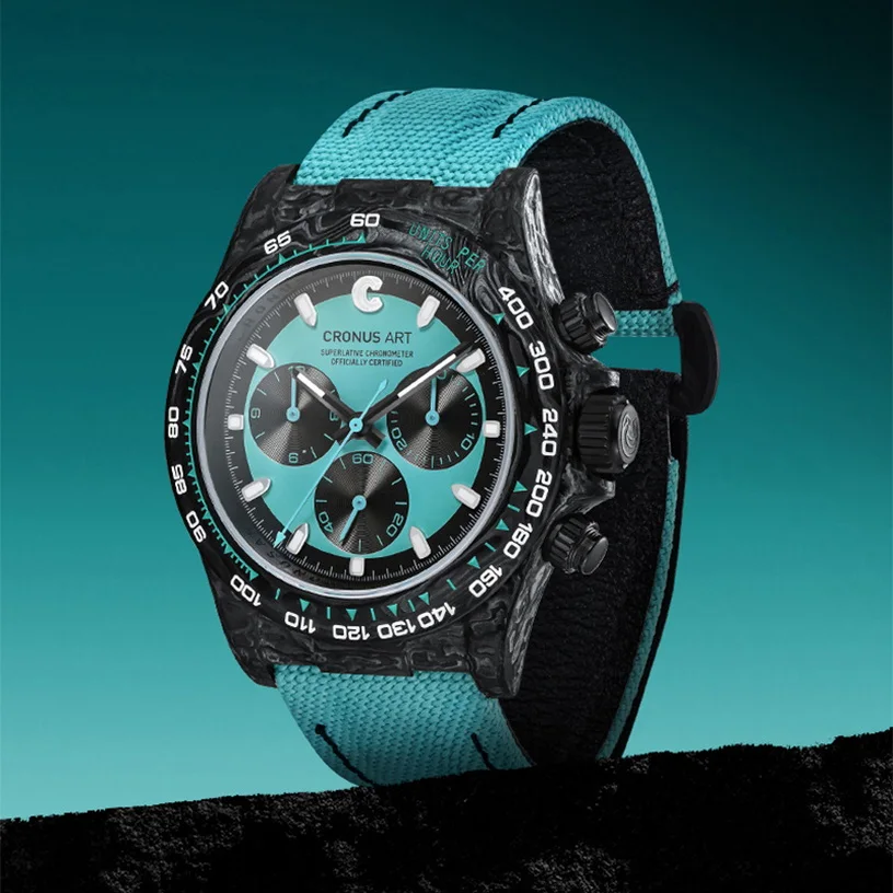 ساعة كرونوغراف للرجال من كرونوسارت 40 ملم، ساعة يد ميكانيكية أوتوماتيكية من ألياف الكربون، قماش مضيء، حزام جلدي رياضي #3