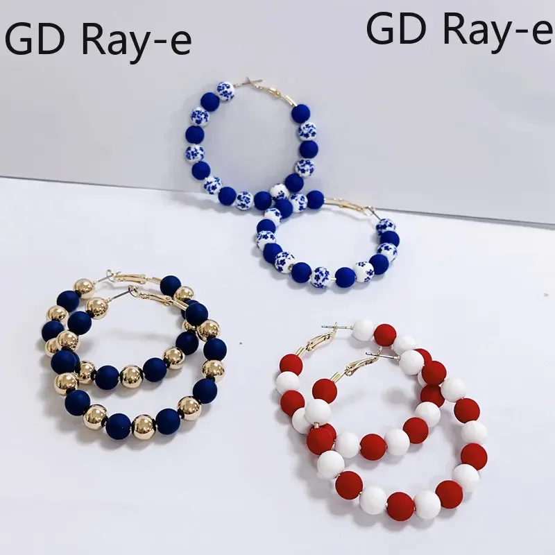 Bohemian Blue and White Porcelain Ceramic Flower Patterns Spacer Beads Hoop Earring for Women Statement Multicolor Earrings Cute