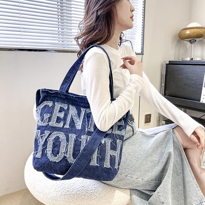 

Fashion Denim Women's Bag Letter Shoulder Cross Bag Canvas Messenger Bag Y2K Tote Handbag Student Eco Bag Korean Shopper Satchel