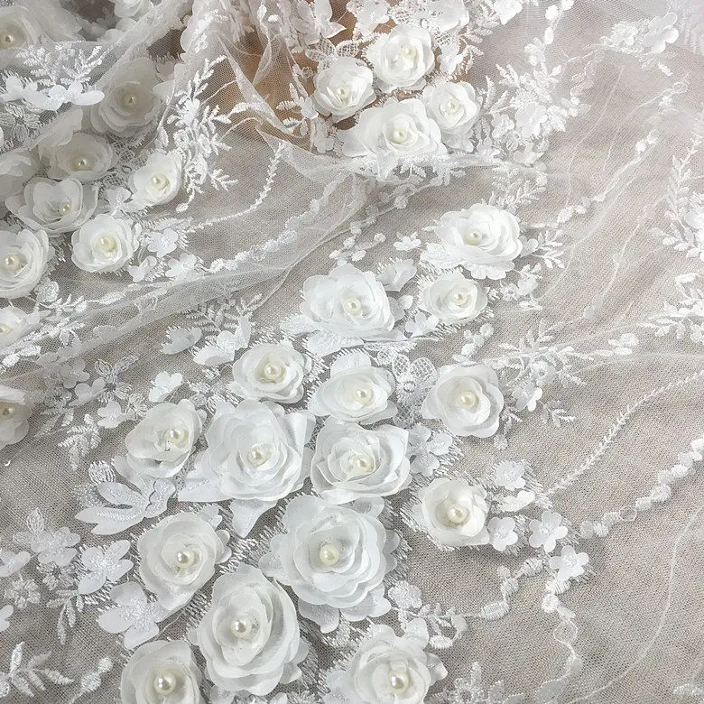 

European Gorgeous Beaded 3D Satin Flower Lace Fabric Sequined Embroidery Fabric for Wedding Dresses 1.3m Wide