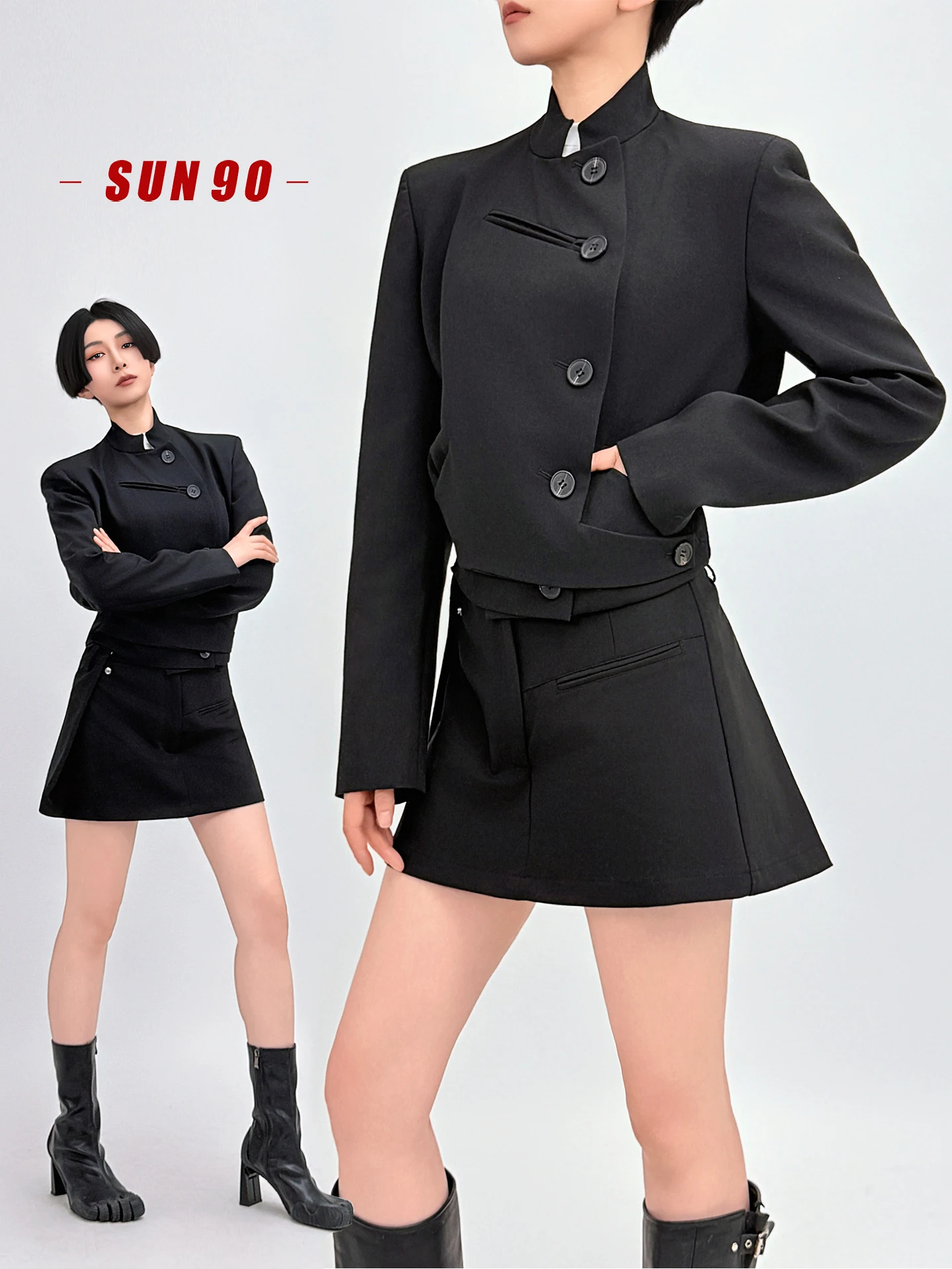 

SUN90 Minimalist Style Women's Suit Set Black Elegant Commute Short Jacket Half Skirt Two-Piece Set Slim Fit Stand Collar