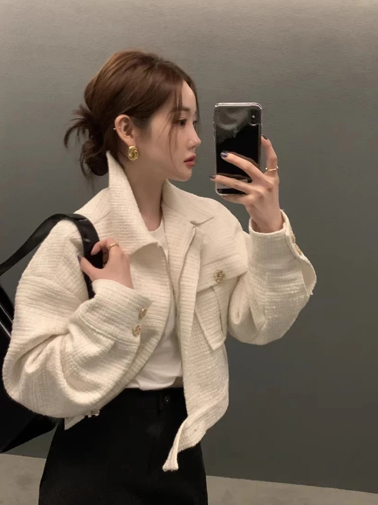 

Chic Autumn New Small Design Collar Double ket Casual Long Sve Jaet Women's Outerwear Commute Sle Loose Fit Pure Color
