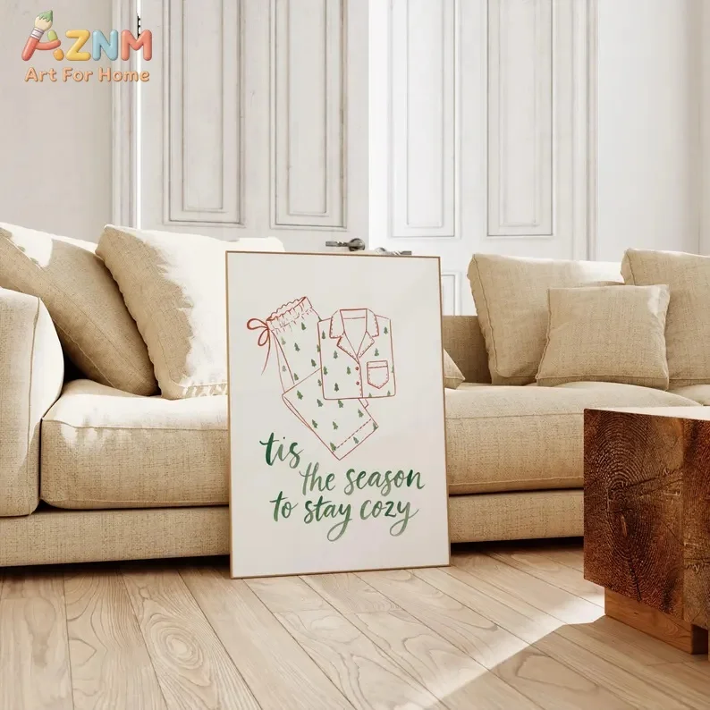 AZNM Tis The Season To Stay Cozy Canvas Wall Art Christmas Tree Pajama Line Drawing Minimalist Winter Quote Unframed Canvas Bedr