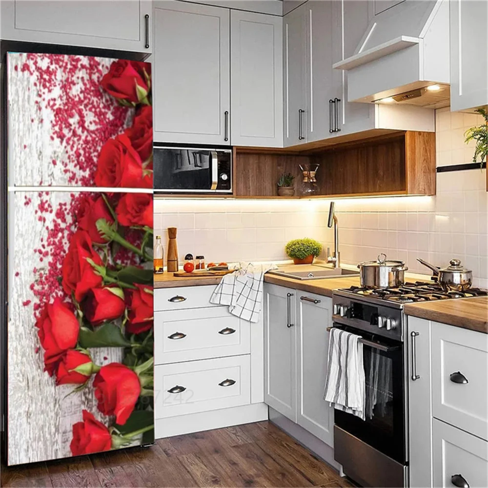 Kitchen Fruit Vegetable Vinyl Fridge Stickers Full Door Cover Adhesive Refrigerator Wallpaper Pink Flower Marble Butterfly Decal