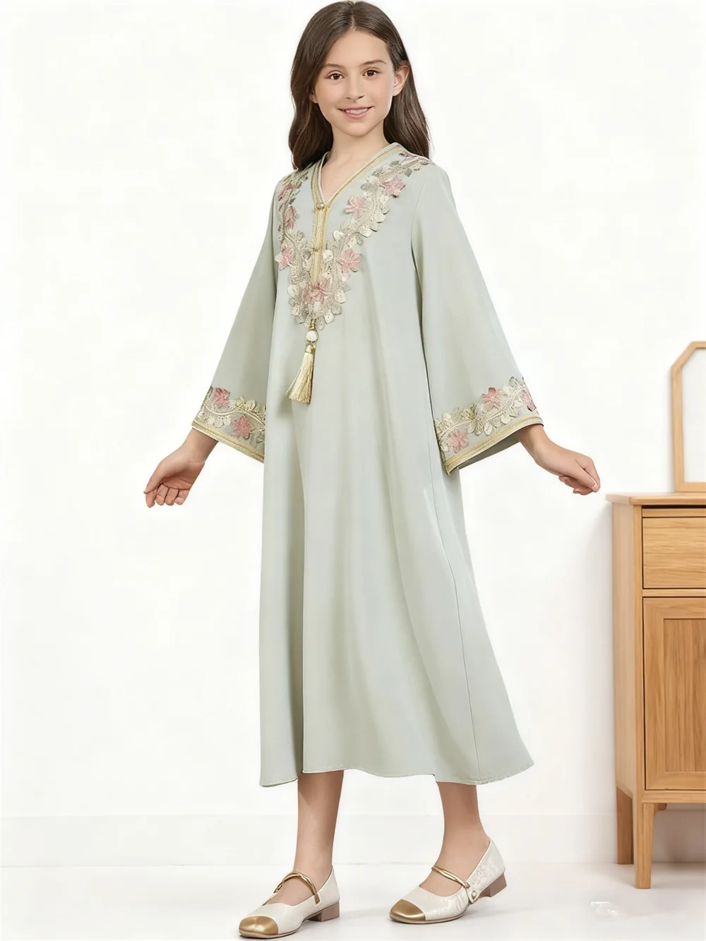 Ramadan muçulmano meninas vestido applique crianças robe árabe vestidos de festa dubai abaya turquia kaftan djellaba jalabiya oriente médio