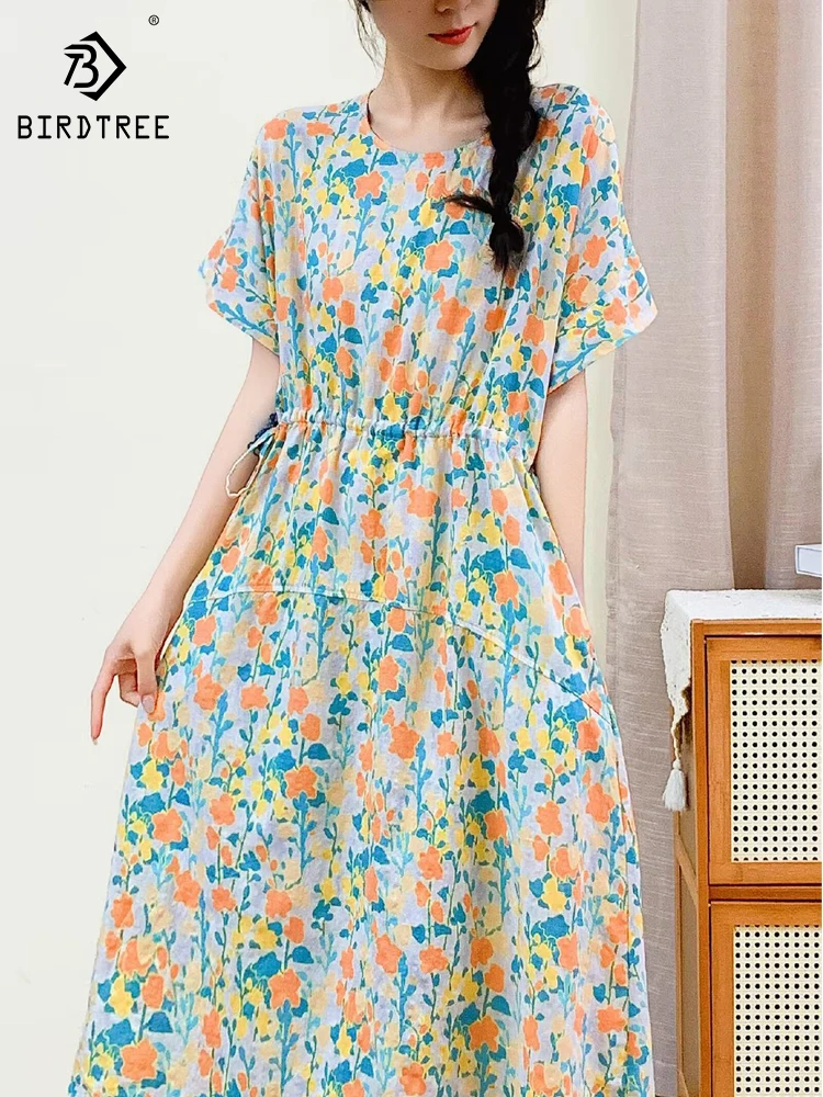 New 2026 Summer Women Cotton Short Sleeve Dresses, O Neck Floral Print, Mori Girl French Prairie Chic INS Loose Dress D65595CC