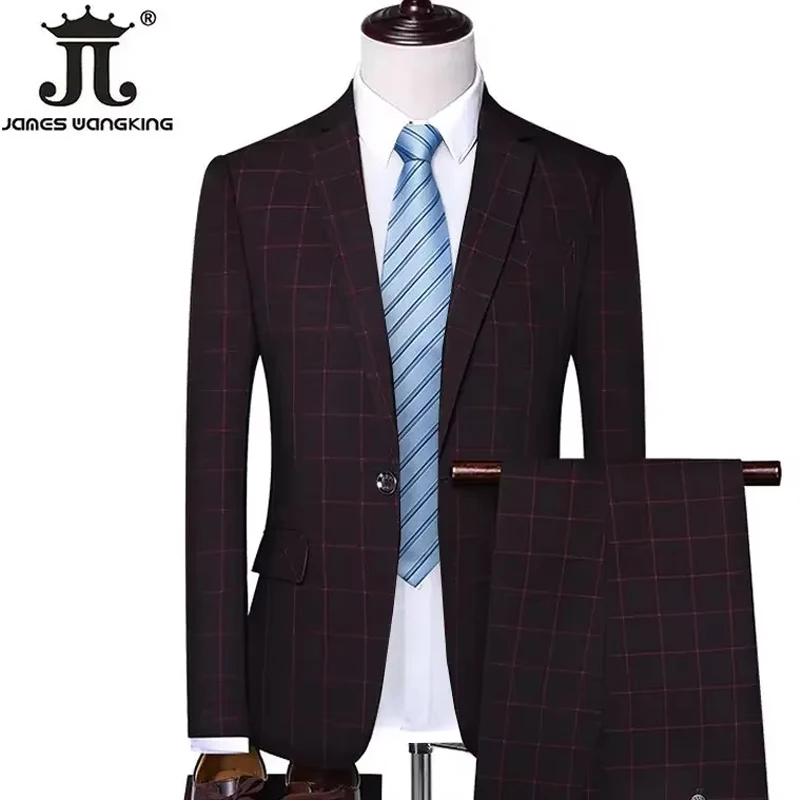 ( Blazer + Pants ) Classic Plaid Men\'s Casual Business Suit 2 Piece Set High-end Brand Groom Wedding Tuxedo Jacket and Trousers