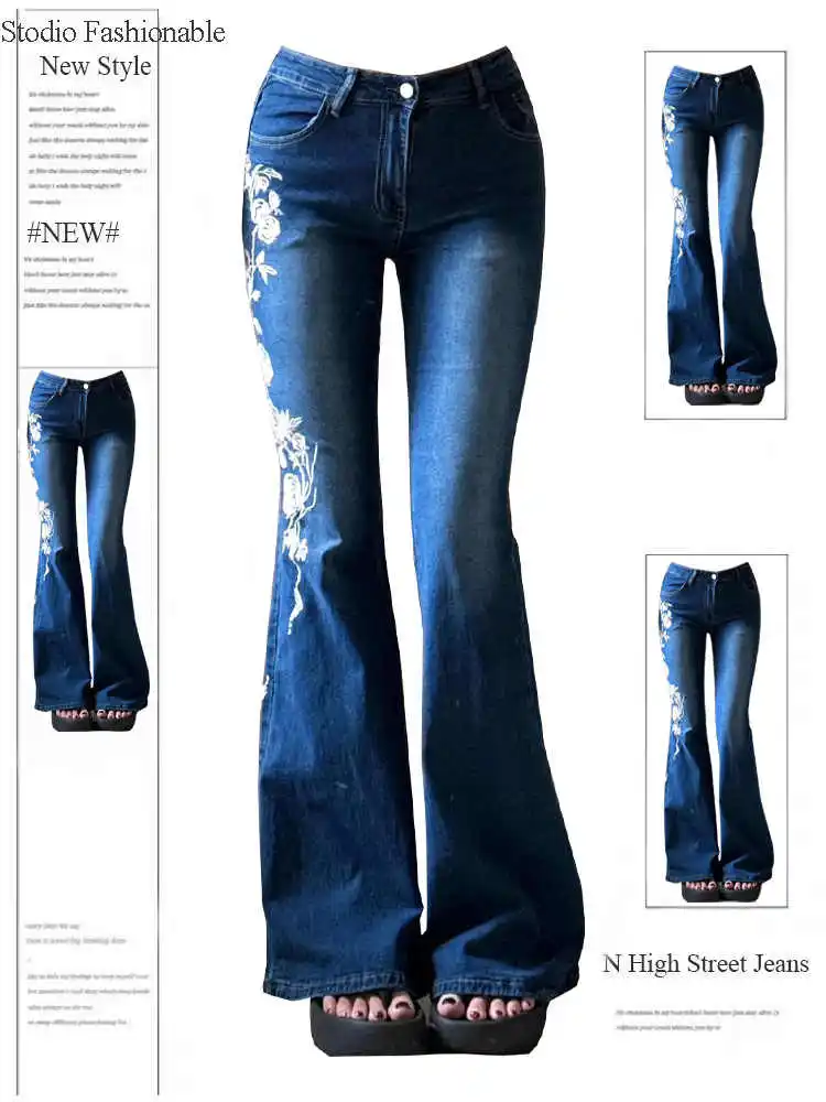 

Autumn Winter Women Slim Embroidery Vintage Flare Denim Pants Low Waisted Bell-Bottom Skinny Jean Korean Fashion Trendy New