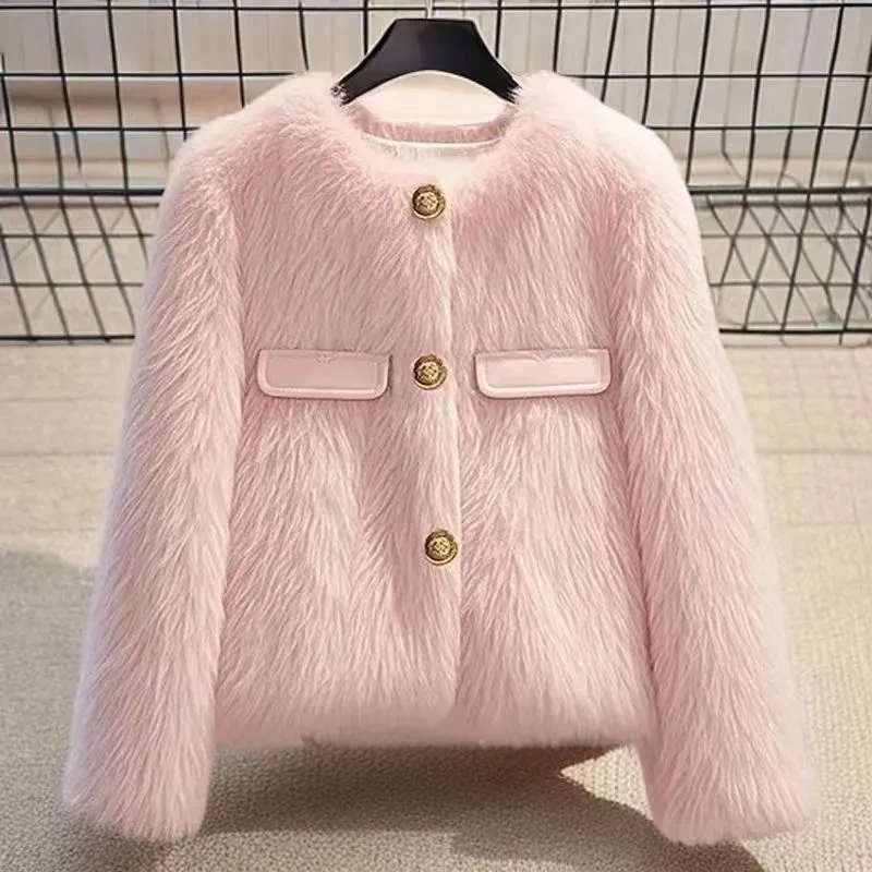 Pretty Faux Fox Fur Jacket Women's Outwear 2025 Autumn Winter New Fashion Loose Xiaoxiangfeng Warm Cotton-Padded Coat