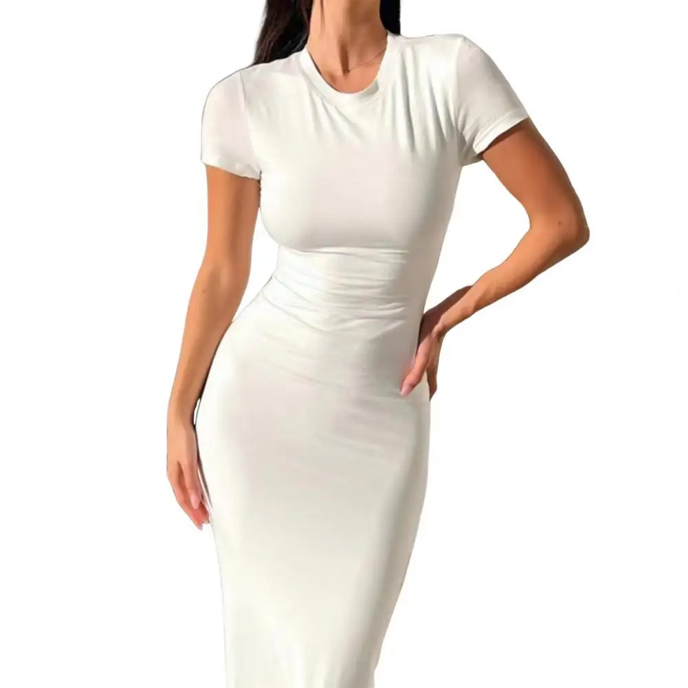 ソリッドカラーの女性のスリム T シャツドレス夏半袖クルーネックベーシックミディドレスカジュアルボディコンロングドレス