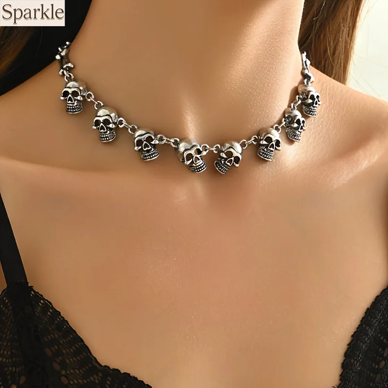 

Retro Punk Multi Skull Chain Necklace Exaggerated Choker for Women Dark Style Bone Chain Halloween vampire Jewelry Accessory