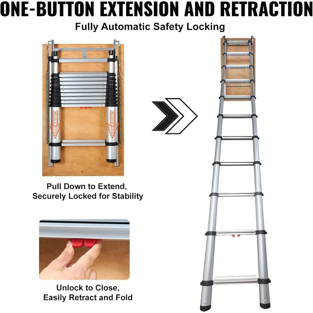 Attic Ladder Telescoping, 350-pound Capacity, 39.37" x 23.6", Multi-Purpose Aluminium Extension, Lightweight and Portable,