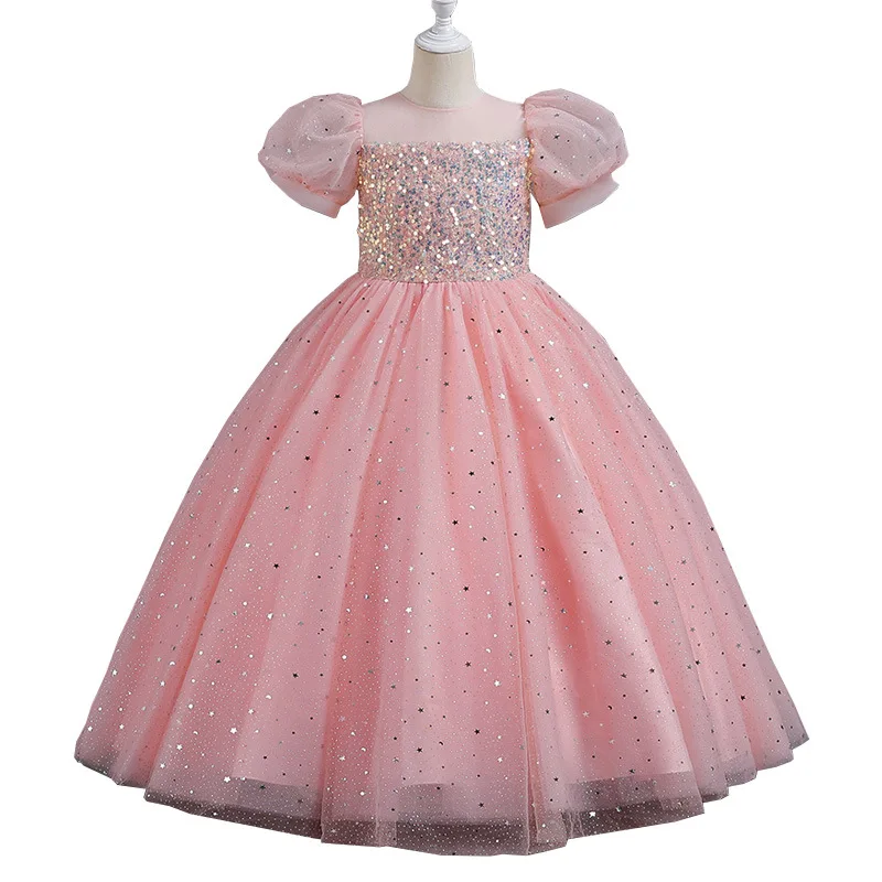 2024 new children's dress princess flower girl bubble sleeve tutu girl presenter piano dress evening dress