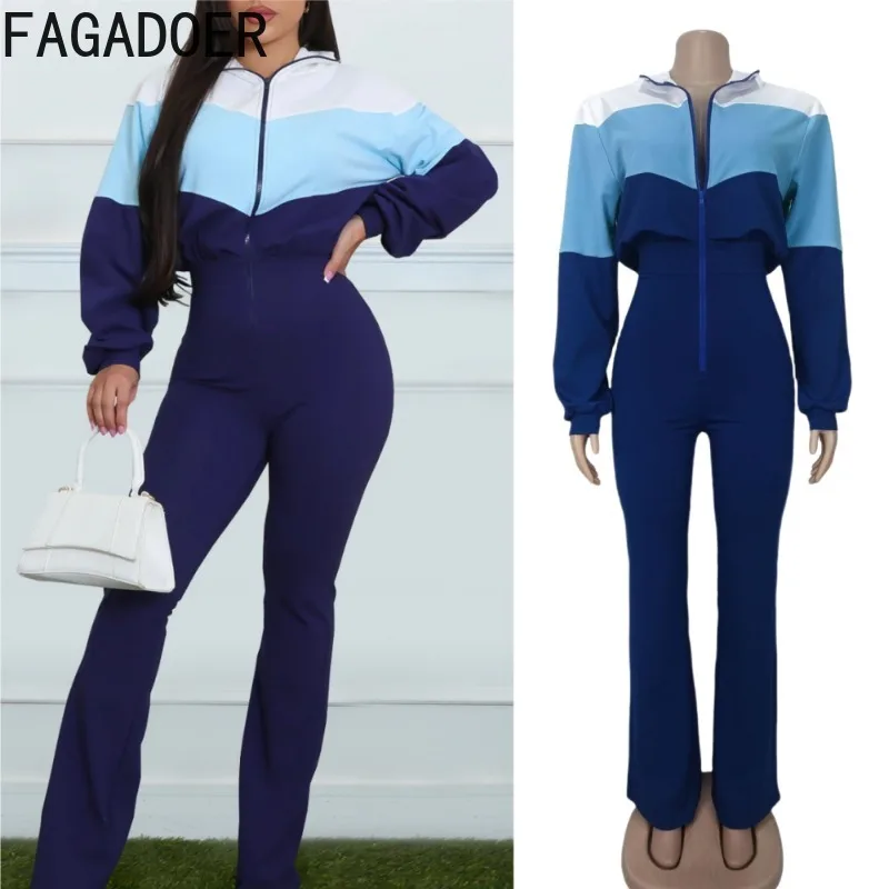

FAGADOER Fashion Sports Color Block Jumpsuits for Woman Zip Long Sleeves Hooded Wide Leg Pants Rompers Female Streetwear New