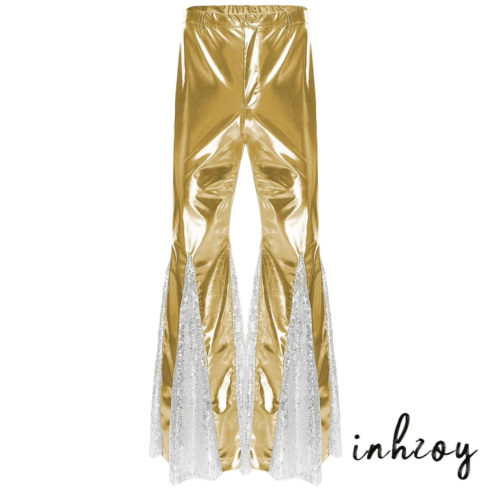 

Womens Shiny Metallic 70s Disco Jazz Dance Pants Hippie Vintage Costume Dance Party Nightclub Lady Sequins Bell Bottoms Trousers