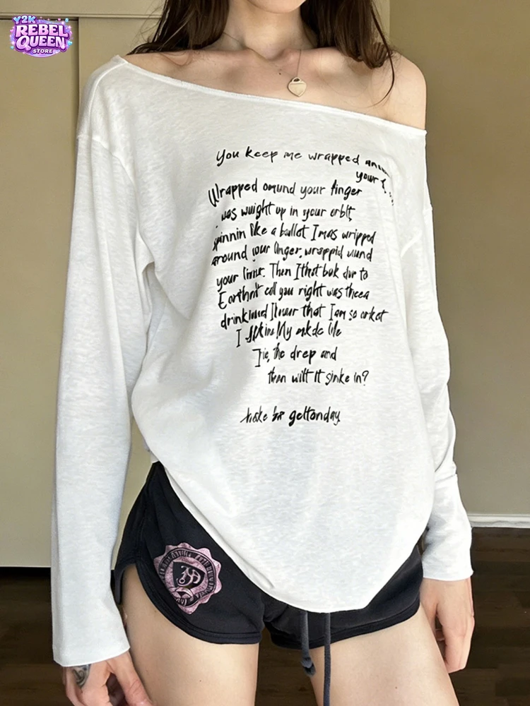 

Винтажный повседневный топ для женщин: облегающая футболка с открытыми плечами, принтом-надписью и длинным рукавом, летняя свободная модная уличная одежда, популярная модель