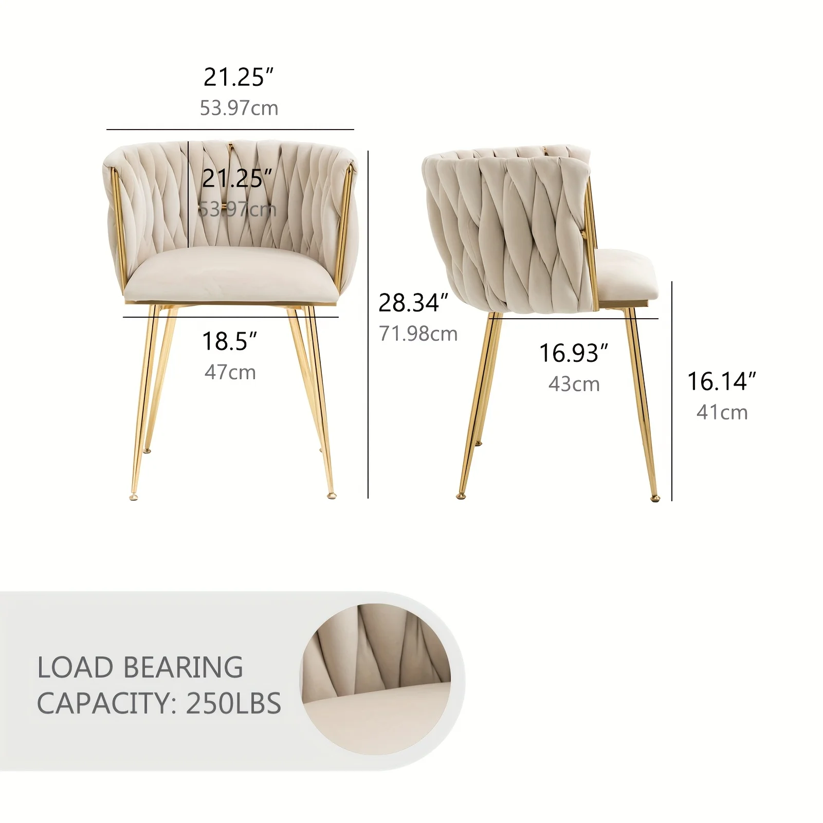 Woven Upholstered Dining Chairs - Velvet Dining Chairs - Set Of 2 - Accent Chairs With Golden Metal Legs - For Living Room/Bedroom/Kitchen