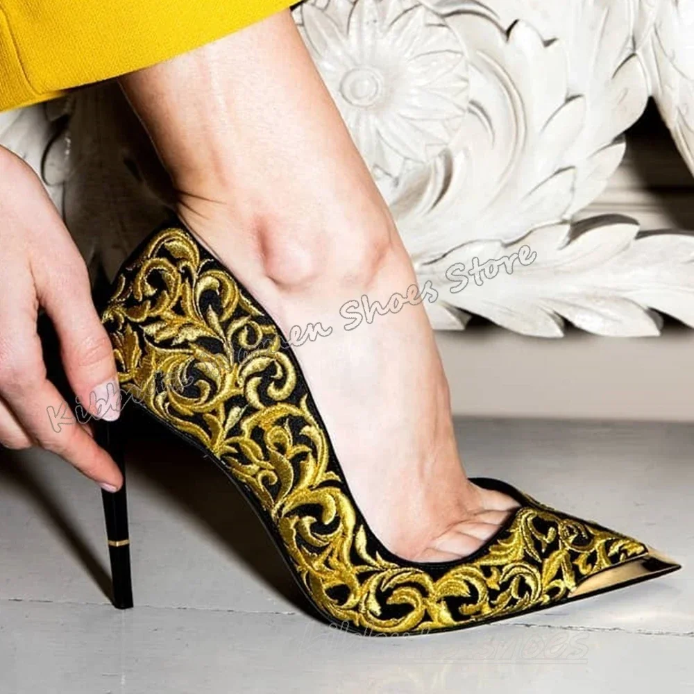 Embroidery Pumps Slip-On Mixed Color Leather Fashion Elegant Concise Sexy Luxury Party Dress Women Shoes Pointed Toe Thin Heel