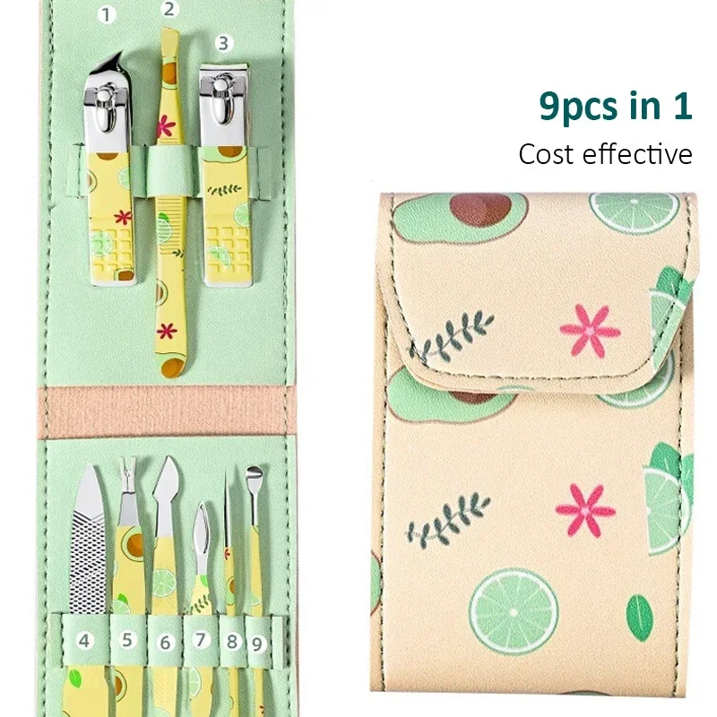 

9 PCs Set Fruits Design Stainless Steel Nail Clippers Set With Folding Bag Manicure Cutter Kits Scissors Makeup Beauty Tool