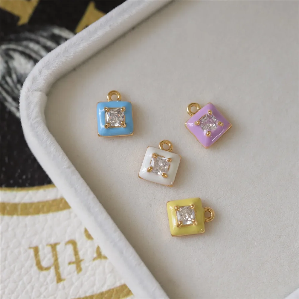 Copper Plated Gold Square Colored Dripping Oil Zircon Sugar Cube Small Pendant DIY Necklace Bracelet Handmade Charm Accessories