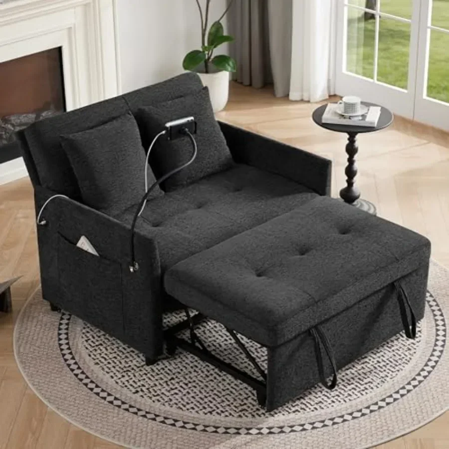 Loveseat Sleeper Sofa Convertible Sofa Bed, Pull Out Couch for small living rooms, microfiber fabric, gray, easy one-step pull-