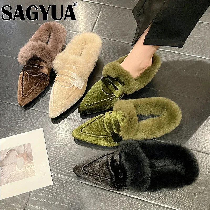 Suede Luxury Furry Slippers Women Plush Warm Home Shoes Ladies Pointed Toe Sexy Party Heels Winter Fur Slides Fad Botas De Mujer