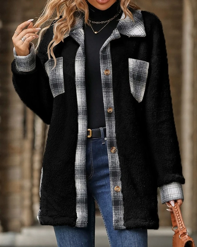 Women's Long Coat Autumn and Winter Plaid Print Pocket Design Long Sleeve Single Breasted Lapel Buttoned Teddy Warm Coat Outfit