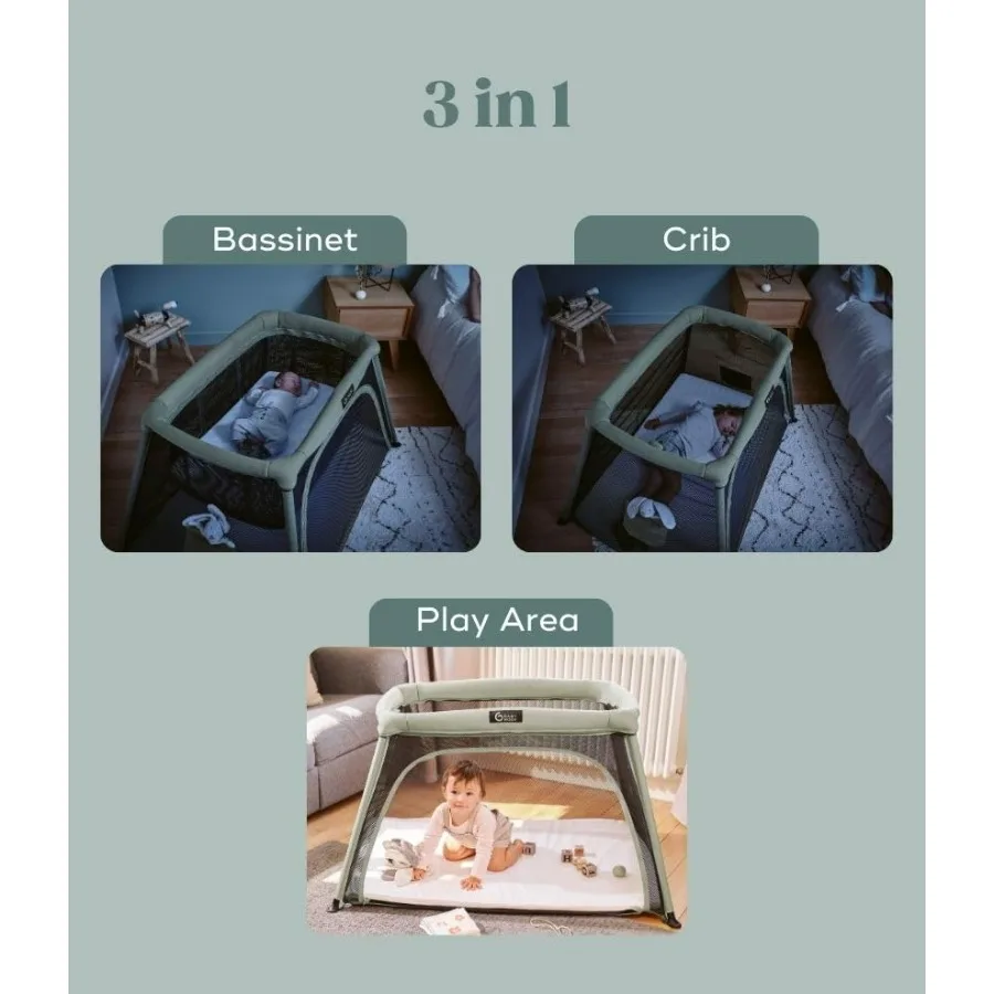 Moov Comfy 3in1 Lightweight Travel Crib Baby Play Yard and Infant Bassinet with Certified Overnight Sleep Safety for Use in the