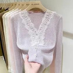 Fashion Women Chic V-Neck Lace Knitted  Cardigan Elegant Shirt Tops
