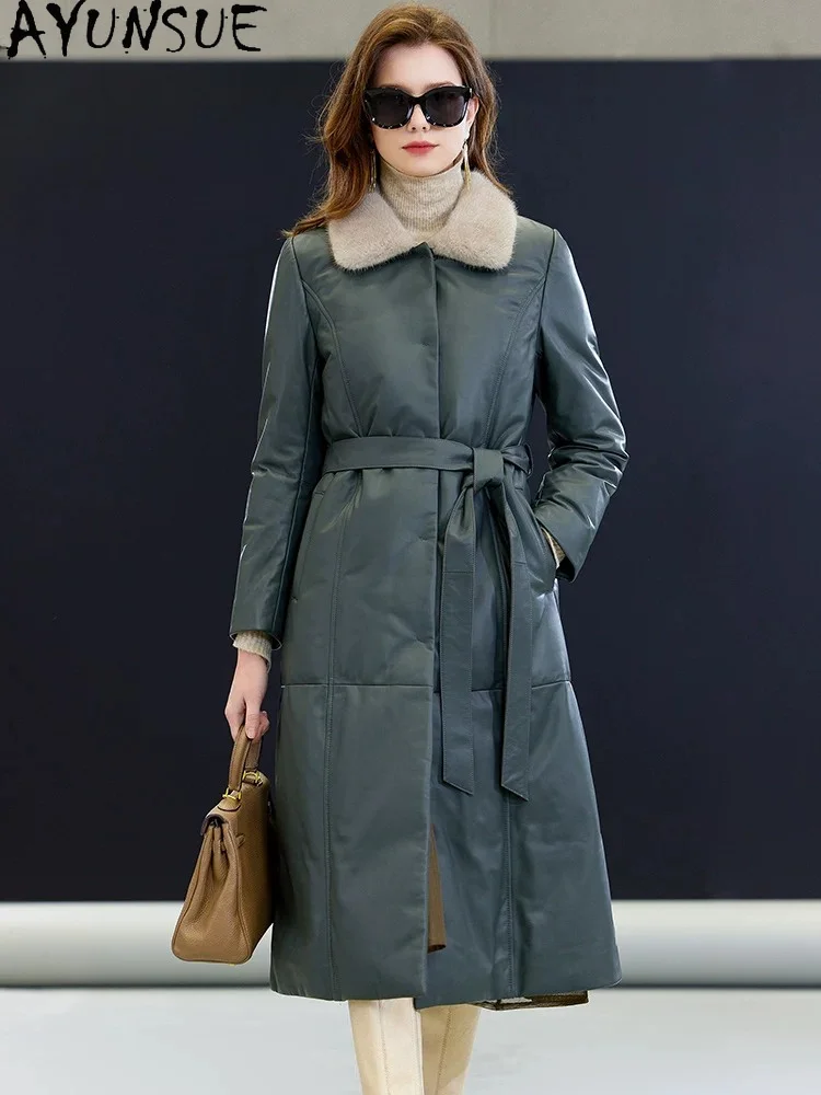 AYUNSUE Natural Sheepskin Down Coat Women Winter Clothes Belt Warm Mink Fur Collar Fashion Trench Coats for Woman Streetwear